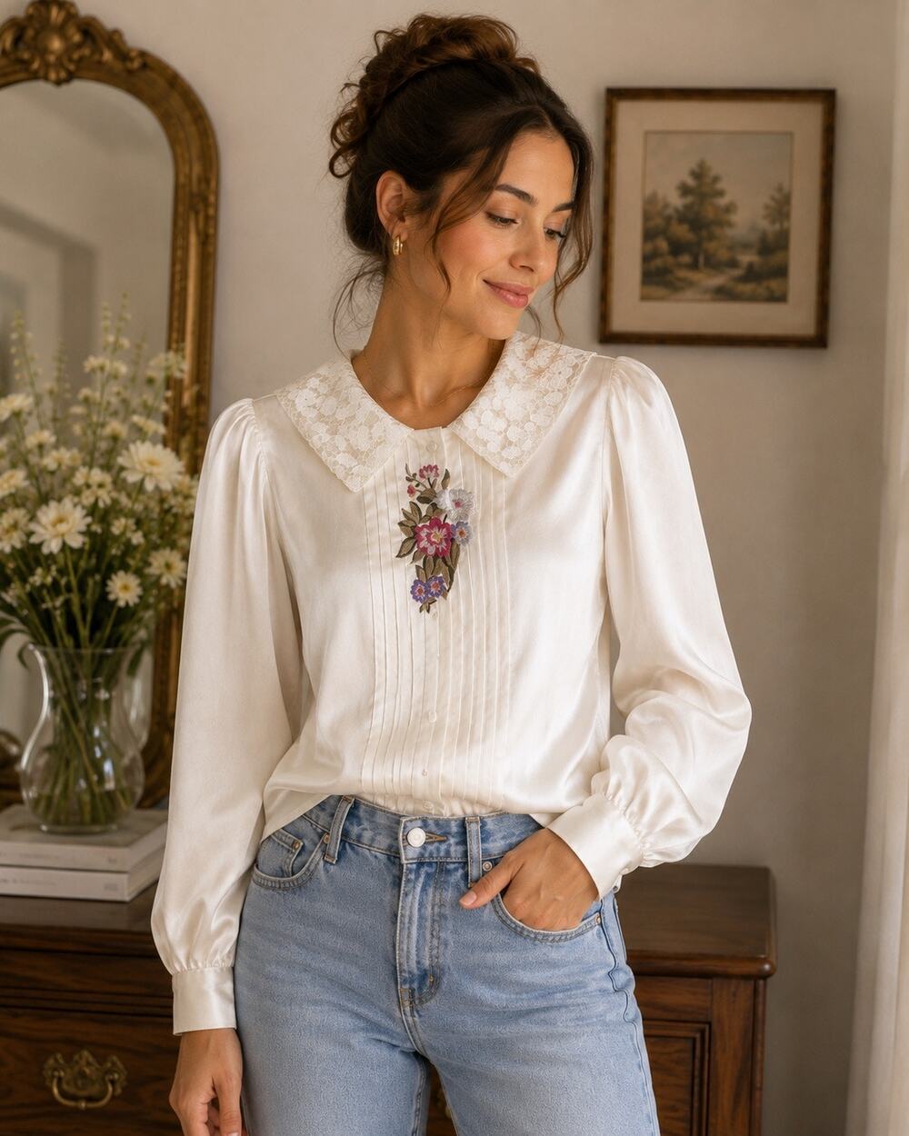 Vintage Nilani Ivory Satin Blouse Size 6 Lace Collar Floral Embroidered Romantic